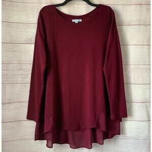 She + Sky Maroon Tunic Shirt Tiered Bottom Back Split Long Sleeves Size Large